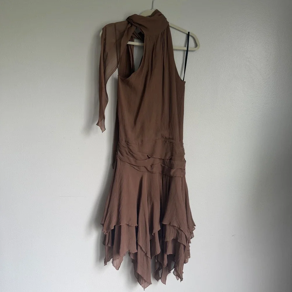 Vintage Y2K Bebe Silk Halter Handkerchief Hem Dress Brown XS Asymmetrical - Picture 9 of 15